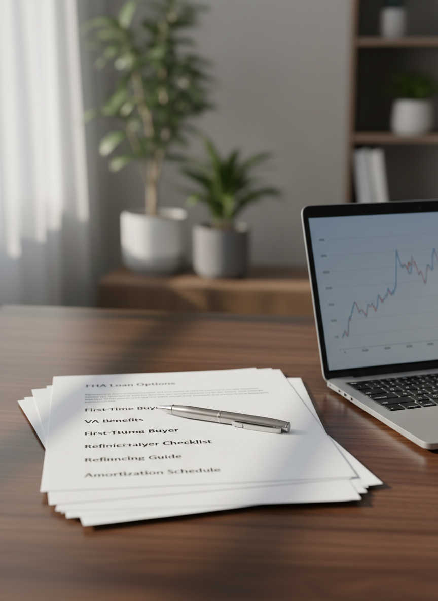 A neatly arranged stack of mortgage documents printed on crisp white paper, each page labeled with clear headings like “FHA Loan Options,” “VA Benefits,” and “First-Time Buyer Checklist,” resting on a smooth walnut desk. A brushed metal pen lies diagonally across the top page, near a slim, open laptop showing a blurred mortgage rate chart. Soft afternoon natural light from an unseen window washes over the scene, creating gentle shadows and a calm, professional atmosphere. Photographic realism, shot from a slightly elevated angle with a shallow depth of field, keeps the focus on the paperwork while the background fades into a soft bokeh of neutral office tones, conveying clarity, organization, and trustworthy guidance.