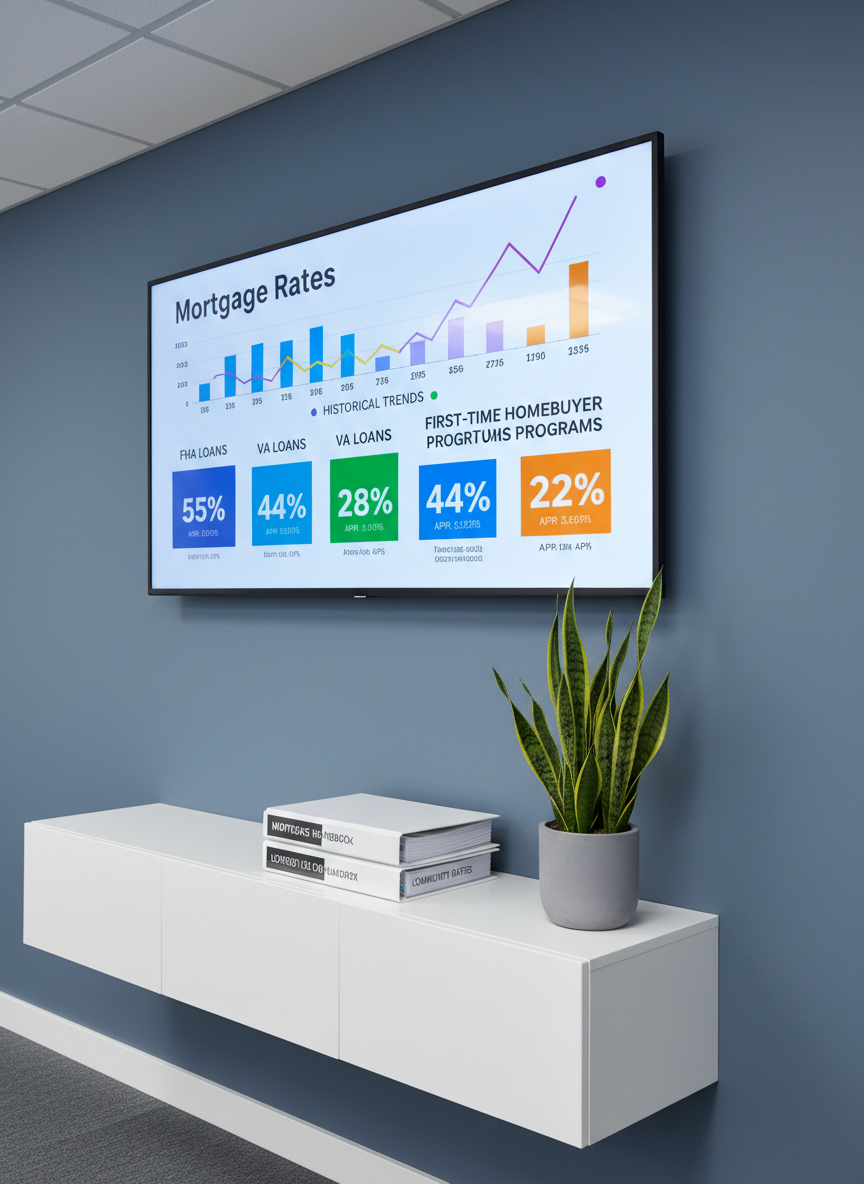 A large, wall-mounted digital display showing a clear, colorful mortgage rate comparison chart, with lines and bars labeled for FHA, VA, and first-time buyer programs, dominates a sleek office wall painted in soft slate blue. Beneath the screen, a minimalist white console holds neatly arranged binders and a single potted snake plant for a touch of greenery. Bright, diffused office lighting eliminates harsh shadows, creating an analytical yet welcoming mood. Photographic realism, captured from a slightly off-center angle using the rule of thirds, emphasizes both the clarity of the information and the professionalism of the space, suggesting transparent guidance and data-driven mortgage solutions for the local community.