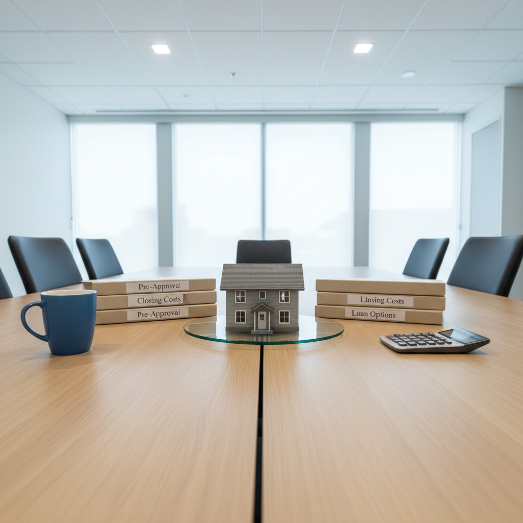 A detailed close-up of a clean, modern office conference table made of light oak, with a small model suburban house in muted gray and white centered on a polished glass tray. Around the model house lie neatly stacked folders labeled “Pre-Approval,” “Closing Costs,” and “Loan Options,” along with a slim calculator and a single, tasteful blue ceramic mug. Cool, even overhead lighting combines with soft daylight from tall windows, creating balanced, shadow-free illumination. Captured at eye level in photographic realism with sharp focus throughout, the composition uses a centered subject and symmetrical framing to convey stability, precision, and a professional mortgage lending environment tailored to homebuyers.